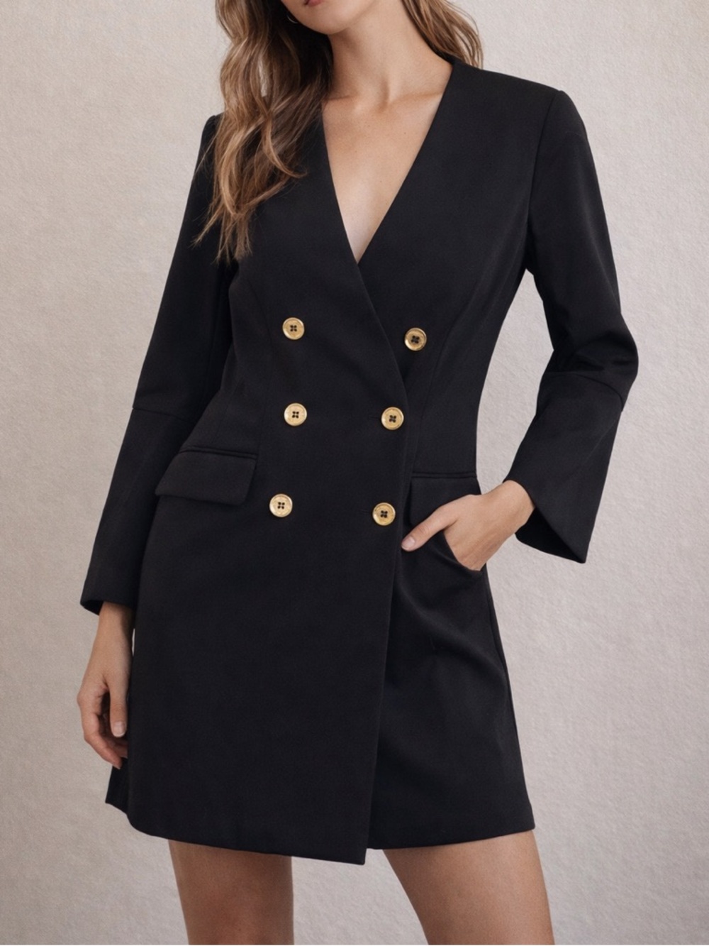 Calvin Klein Long Blazer Black Double Breasted Gold Buttons Tailored Minimalist